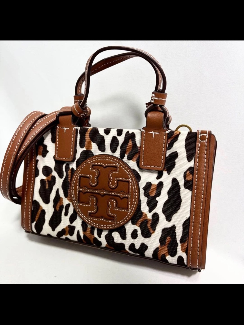Tory Burch Brown and White Leopard-Print Canvas Satchel - Picture 1 of 15